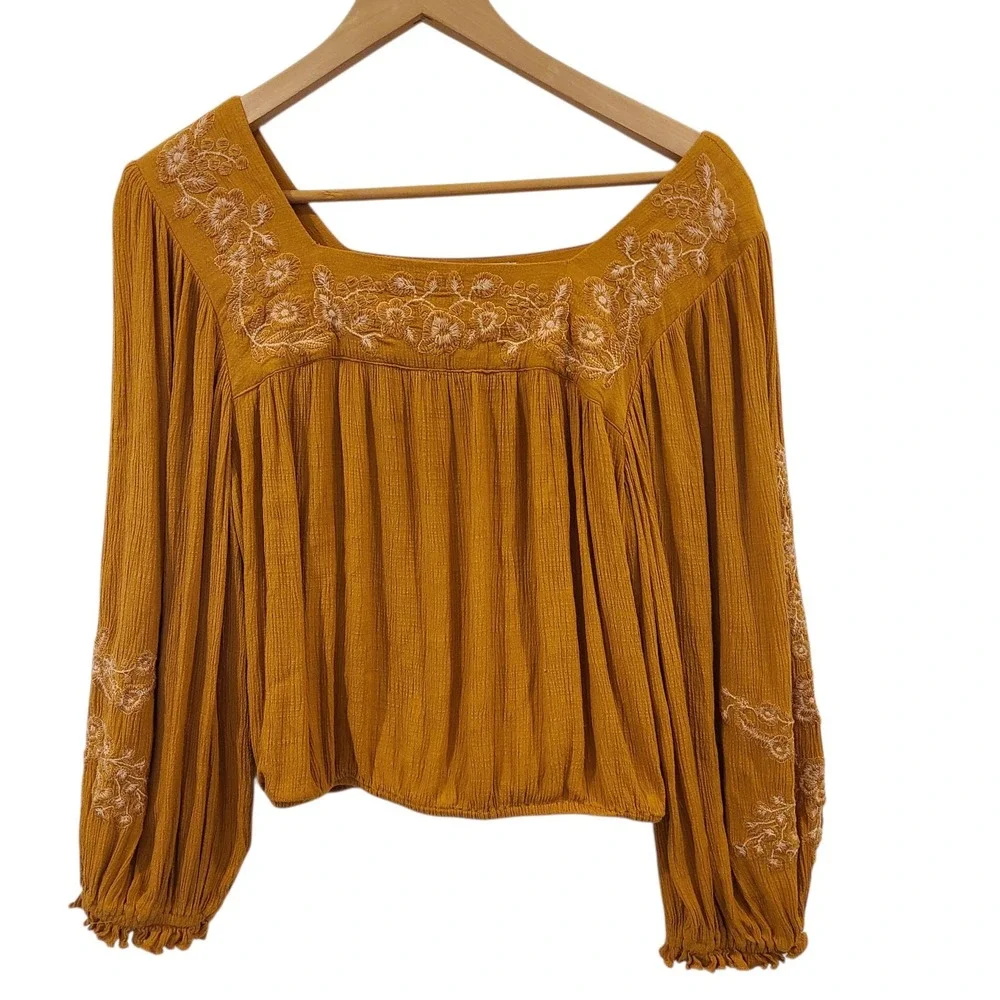 AMERICAN EAGLE Yellow Peasant Top Small Cropped Embroidered Square Neck Boho - Picture 2 of 6